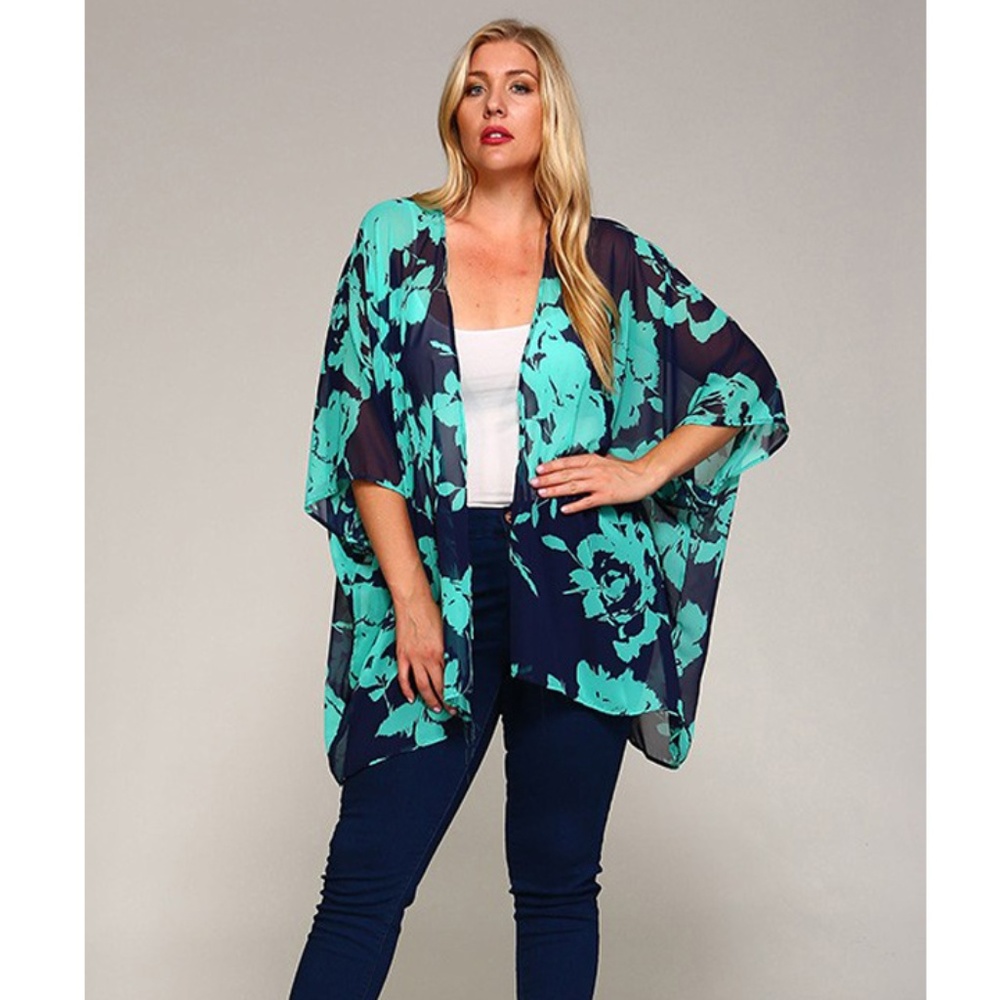 Plus Size Navy Teal Kimono